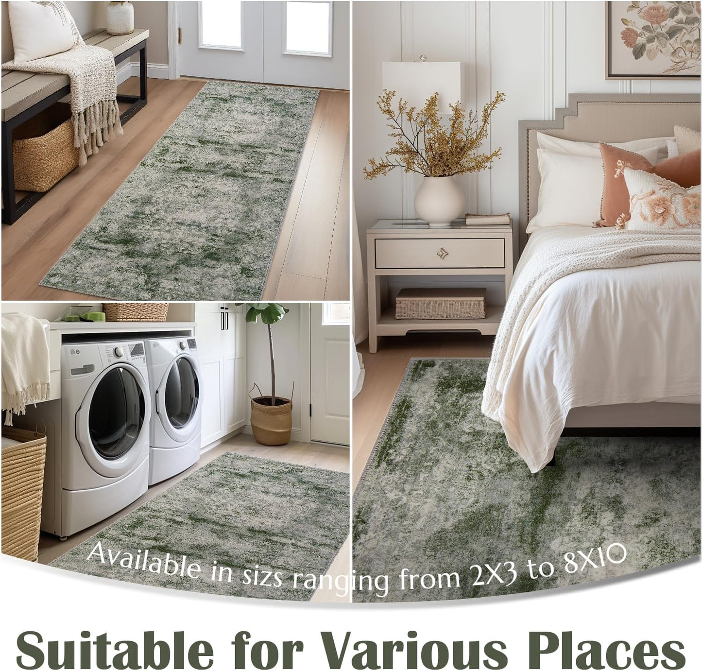 jinchan Hallway Runner Rug 2x10 Vintage Floral Distressed Design - Machine Washable Non-Slip Low-Pile Soft Thin Faux Wool Kitchen Carpet for Farmhouse Bedroom Laundry Room (2x10ft, Forest Green)