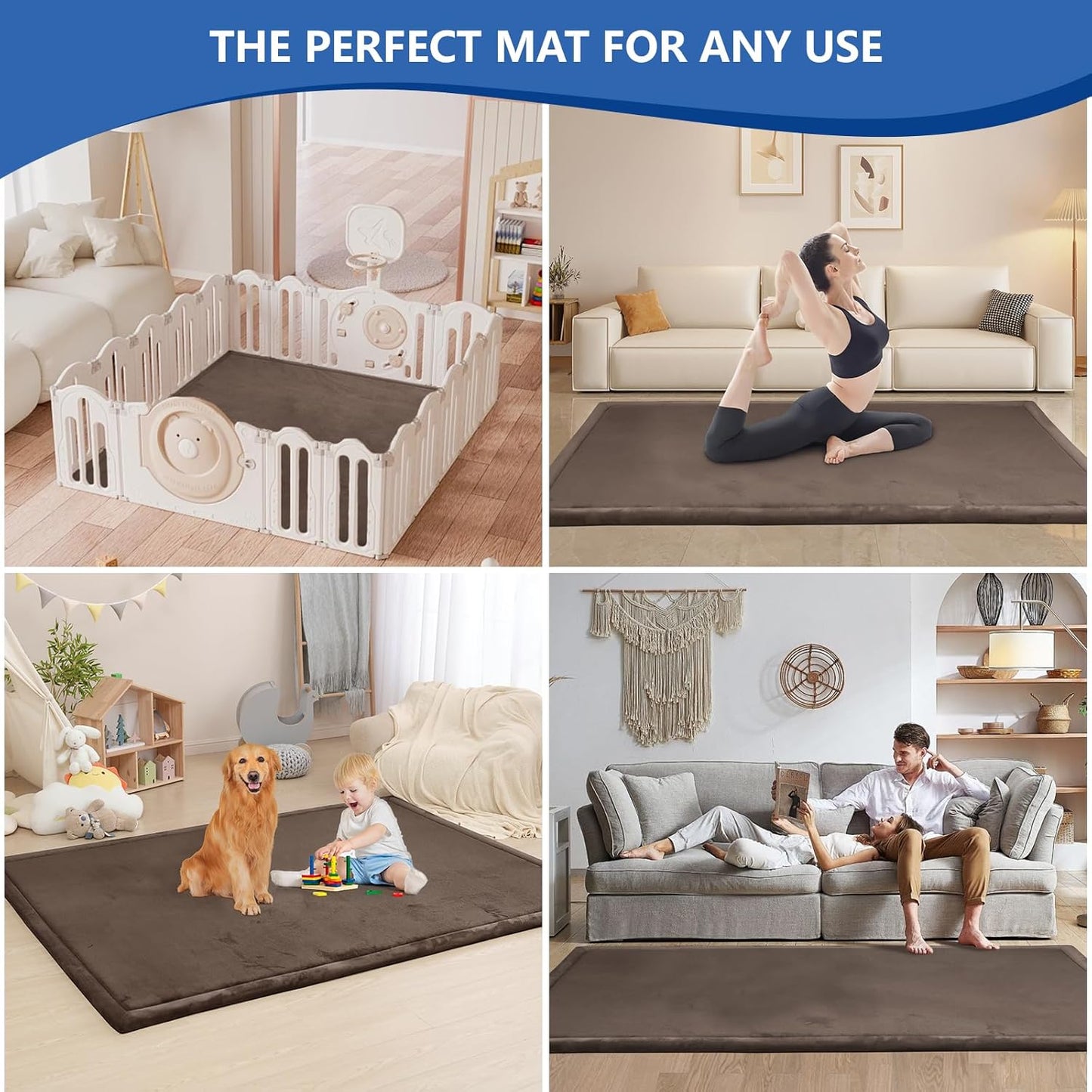 Baby Play Mat for Floor,1.3" Thick Memory foam Tummy Time Mat,Soft Coral Velvet Nursery Rug,Extra Large Non Slip Crawling Mat for Toddlers,Infants,kids,Yoga,Tatami Style for Living Room(Dark Brown)