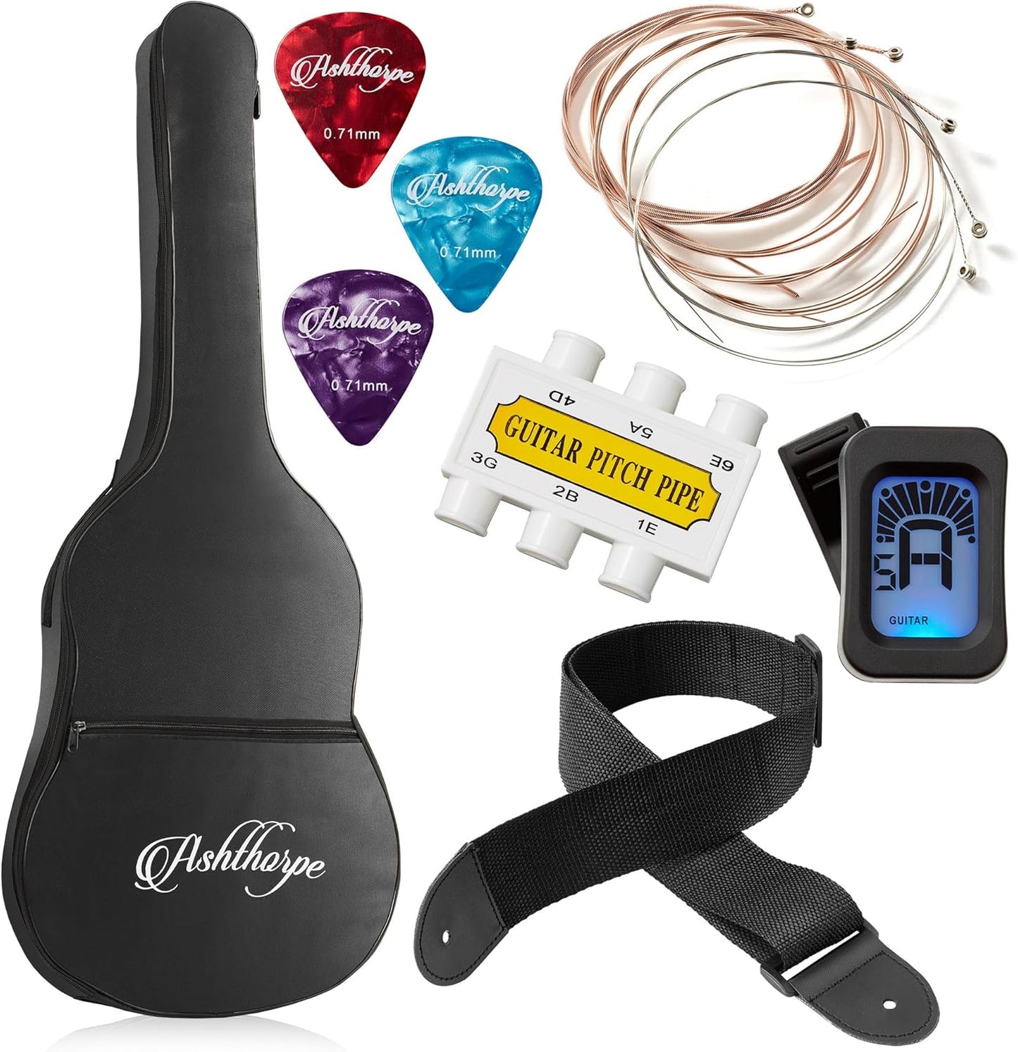 Ashthorpe 38-inch Beginner Acoustic Guitar Package (Sunburst), Basic Starter Kit w/Gig Bag, Strings, Strap, Tuner, Pitch Pipe, Picks