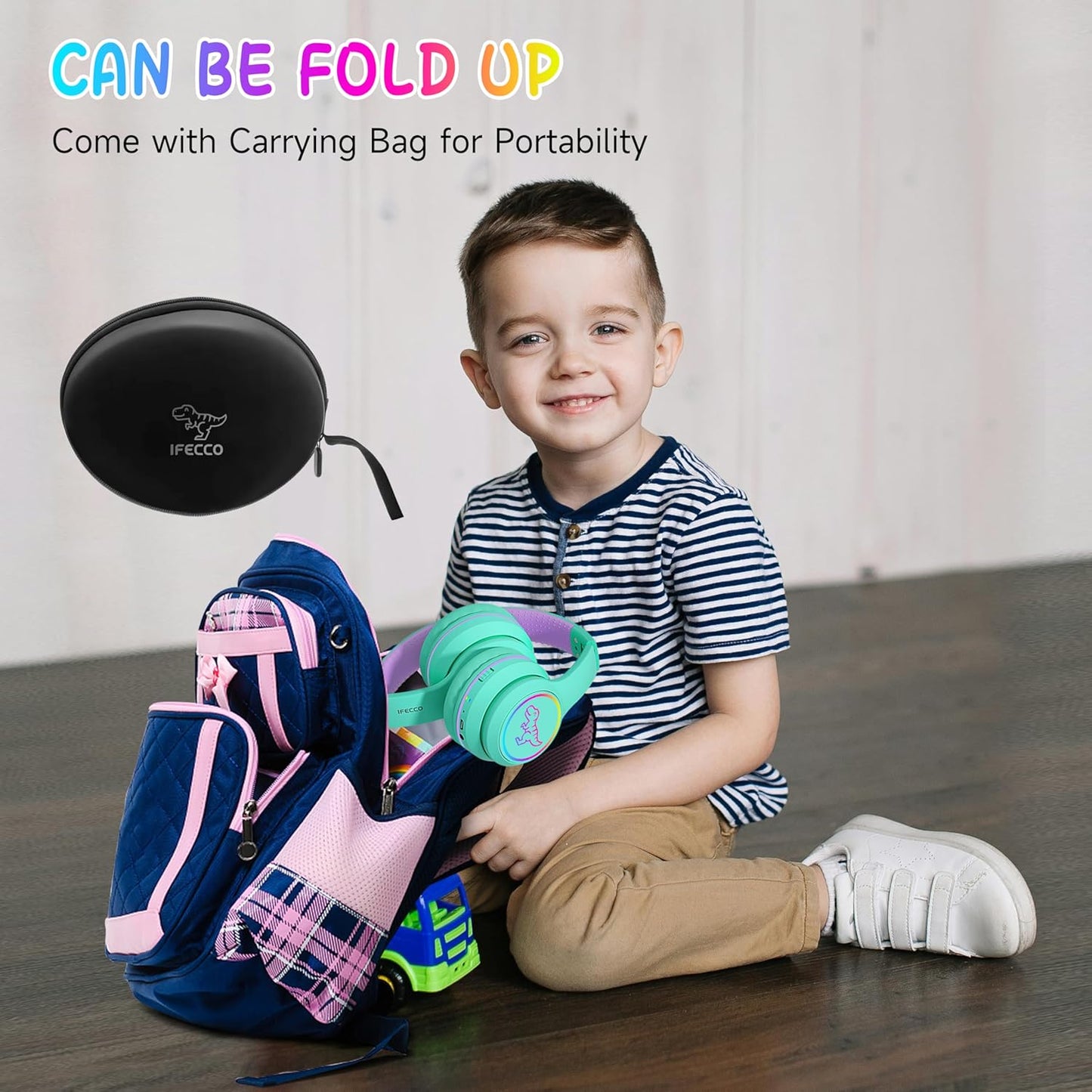 IFECCO Wireless Kids Boys Girls Headphones with Microphone,Cute Light Up Dinosaur Children Bluetooth Headphones Volume-limiting for for School Travel,Boys Girls Gifts for 3-15years