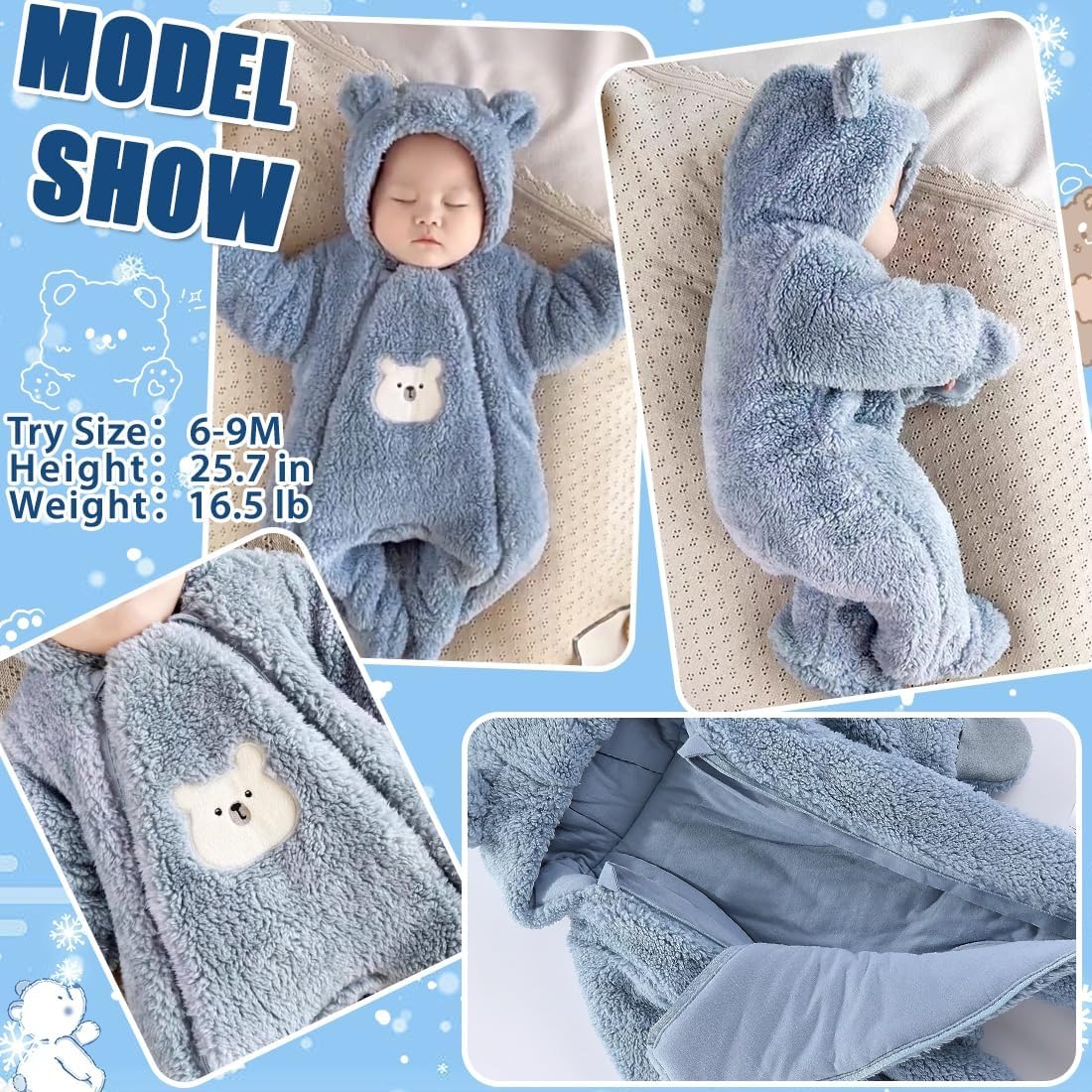 Fairy Baby Newborn Baby Winter Snowsuit Bear Thick Romper Footie Double Zip Hooded Jumpsuit Fleece Coat Infant Boy Girl 0-12M