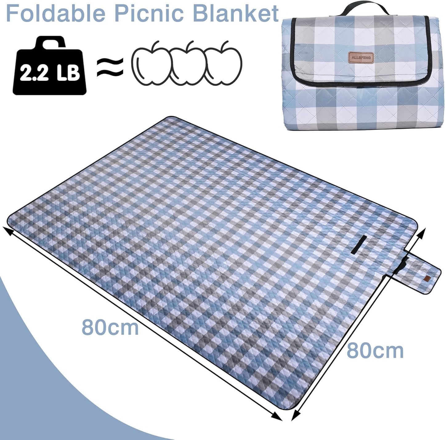 Extra Large Picnic Blanket 80''x 80'' Waterproof Foldable Picnic Mat for Beach, 5-Layer Outdoor Blanket for 6 to 8 Adults,Camping Grass Lawn Park Accessories Couple Park Wedding Registry(Blue Gray)
