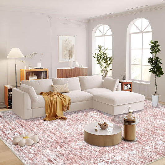 Large Living Room Area Rug 9x12 - Machine Washable Vintage Boho Moroccan Rugs Geometric Neutral Rug Non-Shedding Low Pile Distressed Farmhouse Carpet for Bedroom Nursery Classroom Dorm(9'x12',Pink)