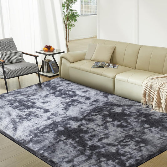 Ultra Soft Rug for Living Room, 9X12 Fluffy Shag Area Rug for Bedroom, Modern Shaggy Carpets Fuzzy Rug for Teens Dorm Nursery Home Decor Aesthetic, Upgrade Anti-Skid Durable, Tie Dye Black and Grey