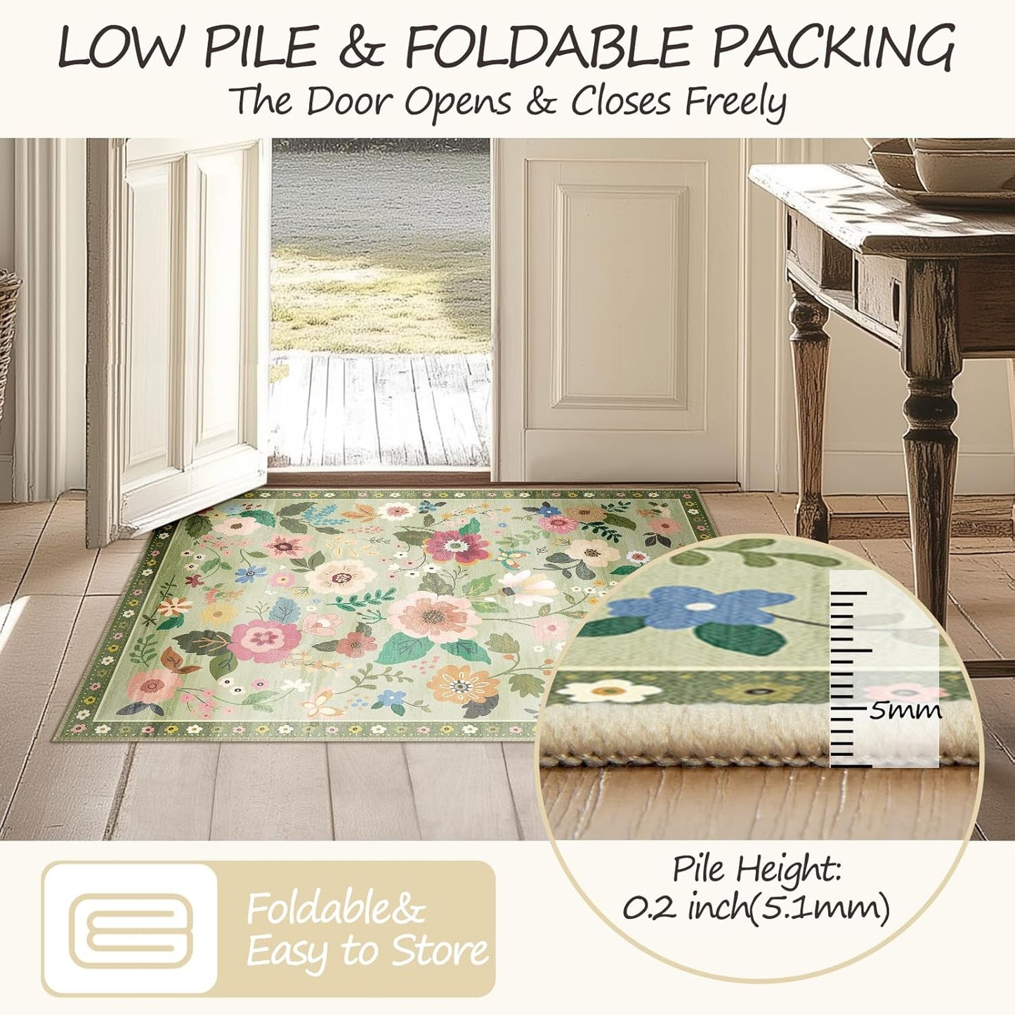 Floral 6x9 Area Rug Machine Washable Soft Print Boho Carpet Non Slip Doormat Low Pile Flower Area Rugs for Living Room Bedroom Nursery Kitchen Dining Room Indoor-Light Green