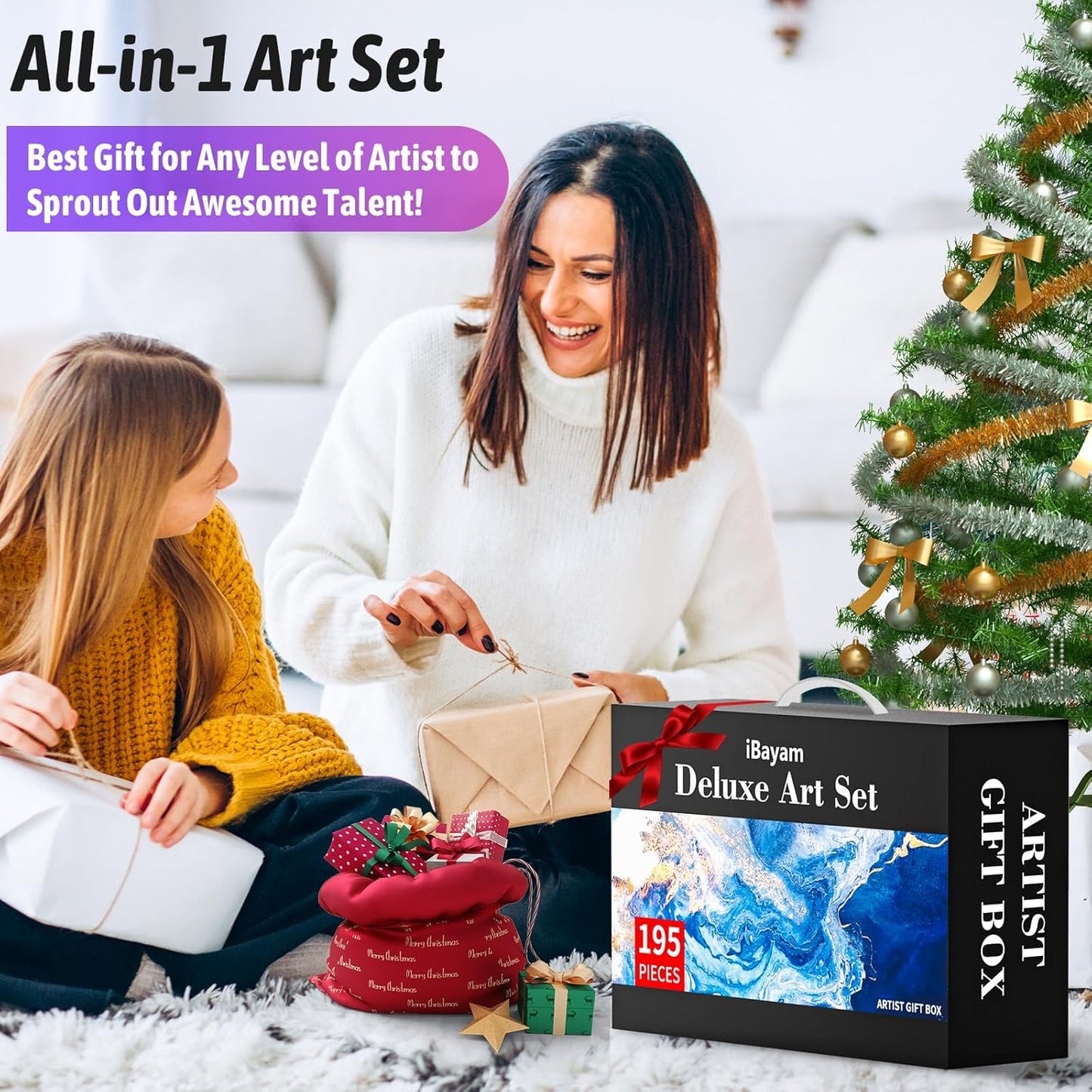 iBayam Art Kit for Kids Teens Teenage Adult, 195-Pack Drawing Coloring Sketching Art Supplies Set for Cards Rocks Eggs Canvas Ceramic Wood Anime, with Canvases, Sketchbooks, Watercolor & Acrylic Pads