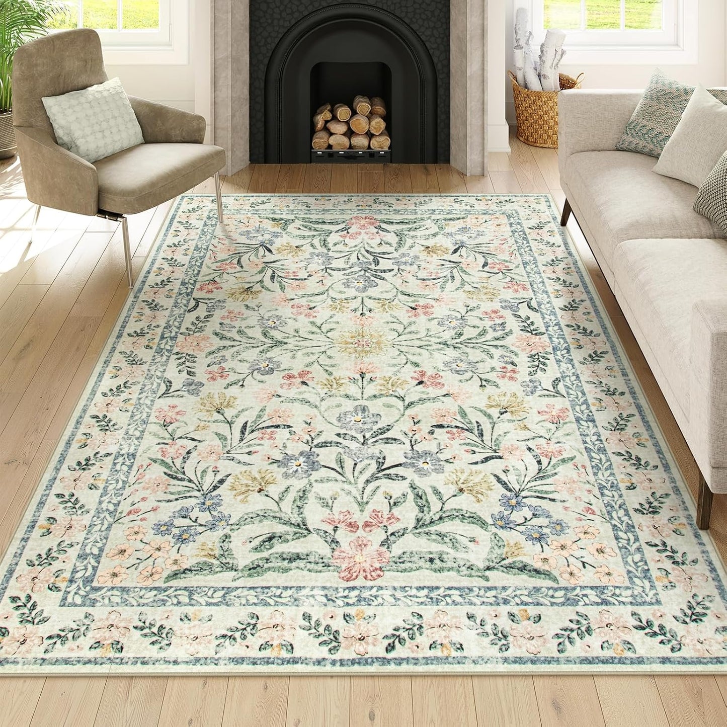 Wonnitar Washable 6x9 Area Rugs, Soft Floral Rug for Bedroom Kids Playroom Light Colored Carpet, Non Slip Ultra-Thin Indoor Beige Carpet for Living Room Classroom Office