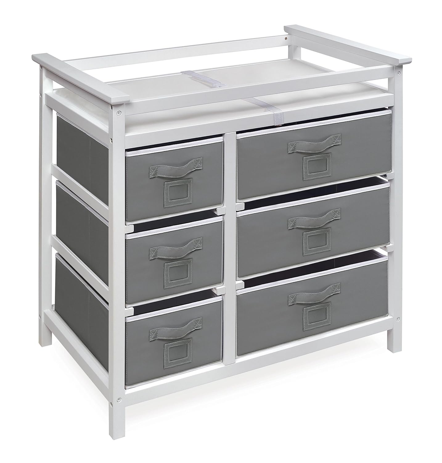 Badger Basket Modern Baby Changing Table - Diaper Station Organizer with 6 Storage Drawers, Reversible Baskets, Safety Rails - Baby Nursery Furniture with Changing Pad and Belt - White