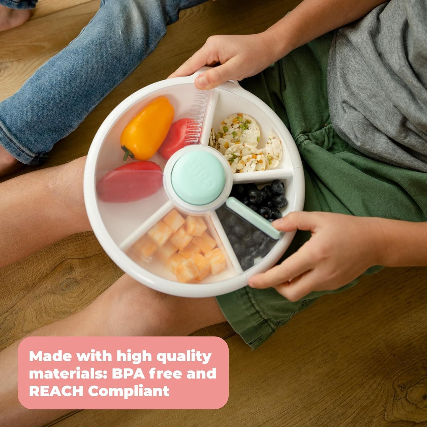 GoBe Kids Large Snack Spinner Slide Bundle with Hand Strap and Sticker Sheet - Reusable Snack Container with 4 Compartment Dispenser and Lid | BPA/PVC Free | Dishwasher Safe | No Spill - Mint Green