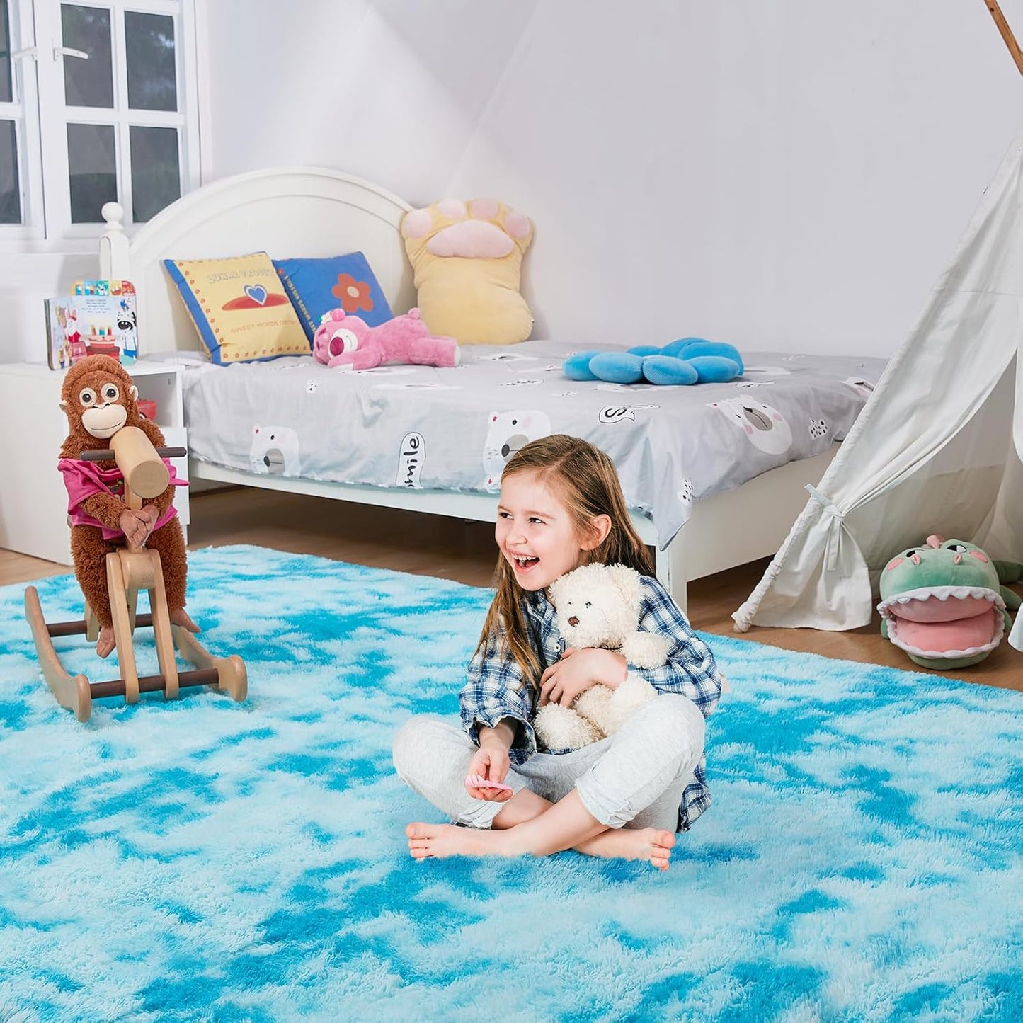 Ultra Soft Rug for Living Room, 5X8 Fluffy Shag Area Rug for Bedroom, Modern Shaggy Carpets Fuzzy Rug for Teens Dorm Nursery Home Decor Aesthetic, Upgrade Anti-Skid Durable, Tie-Dyed Blue