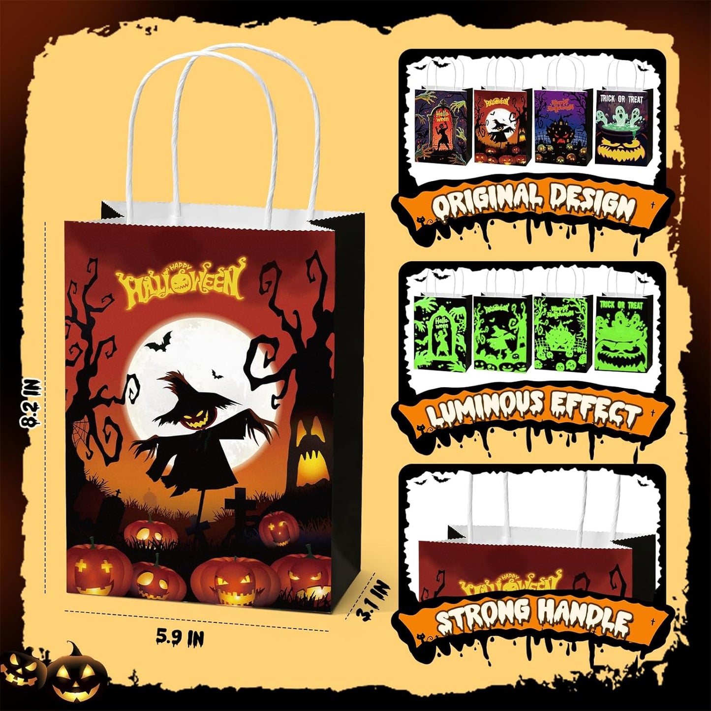 Winrayk Glow Halloween Trick or Treat Tote Paper Bags, Self-designed Party Favor Goodie Candy Gift Bags Bulk (4 Styles, 24 Pack), Neon Glow in the Dark Kids Halloween Party Favors Birthday Supplies