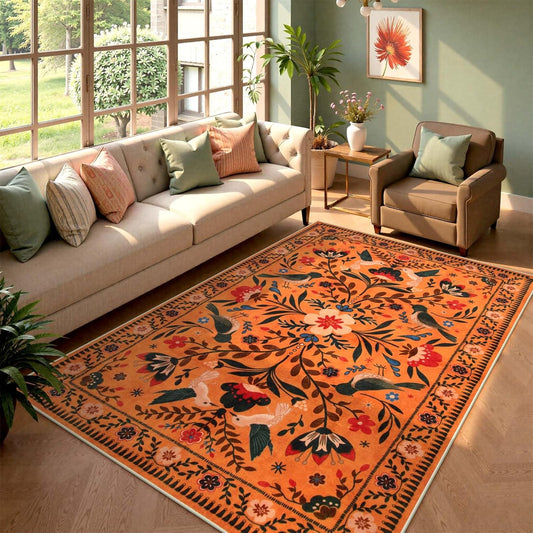 Moynesa Washable Area Rugs 5x7, Ultra Thin Soft Rugs for Living Room Bedroom Non Slip, Indoor Boho Bird Patterned Orange Floral Throw Carpet for Playroom Office Kitchen Stain Resistance