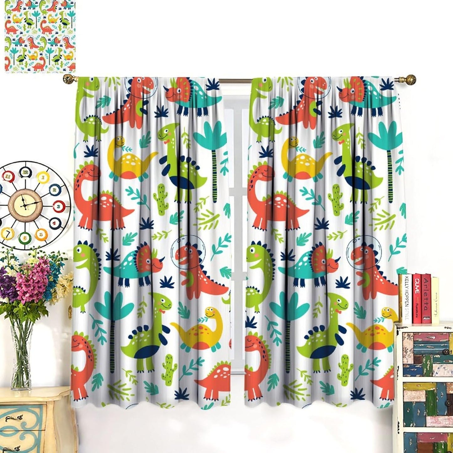 Rustic Dinosaurs Curtains Colorful Dino Kids Boys Cartoon Cute Cool Funny Decor Printed Blackout Rod Pocket Window Drapes for Living Room Bedroom W21xL45in Decor