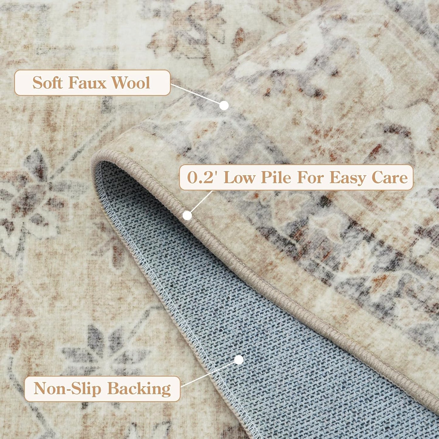 LIVEBOX Bedroom 4x6 Washable Area Rug for Entryway Kitchen, Non-Slip Soft Boho Rugs for Dining Room Office, Farmhouse Low-Pile Neutral Soft Carpet for Nursery Room Playroom, Tan