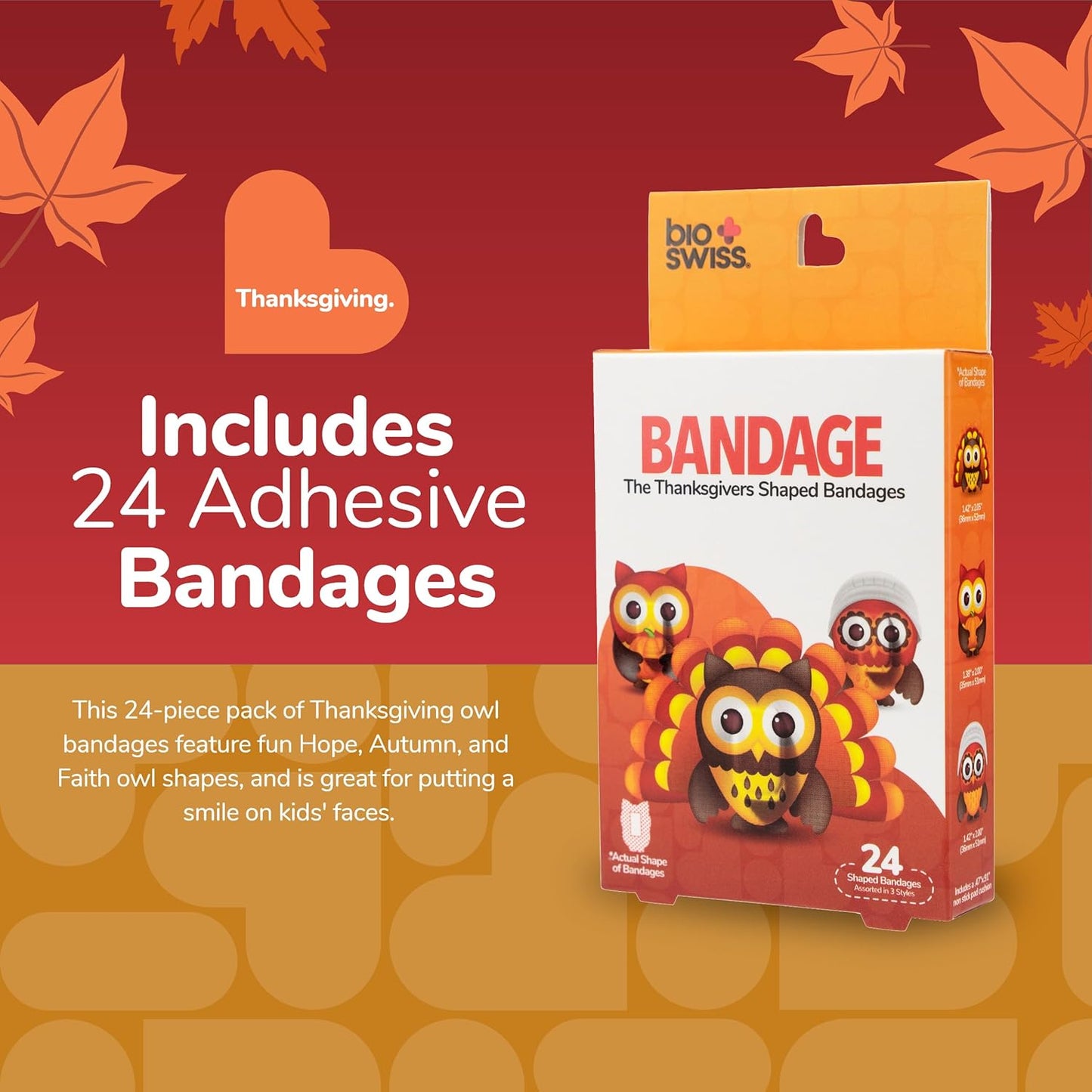BioSwiss Bandages, Thanksgiving Shaped Self Adhesive Bandage, Latex Free Sterile Wound Care, Fun First Aid Kit Supplies for Kids and Adults, 24 Count