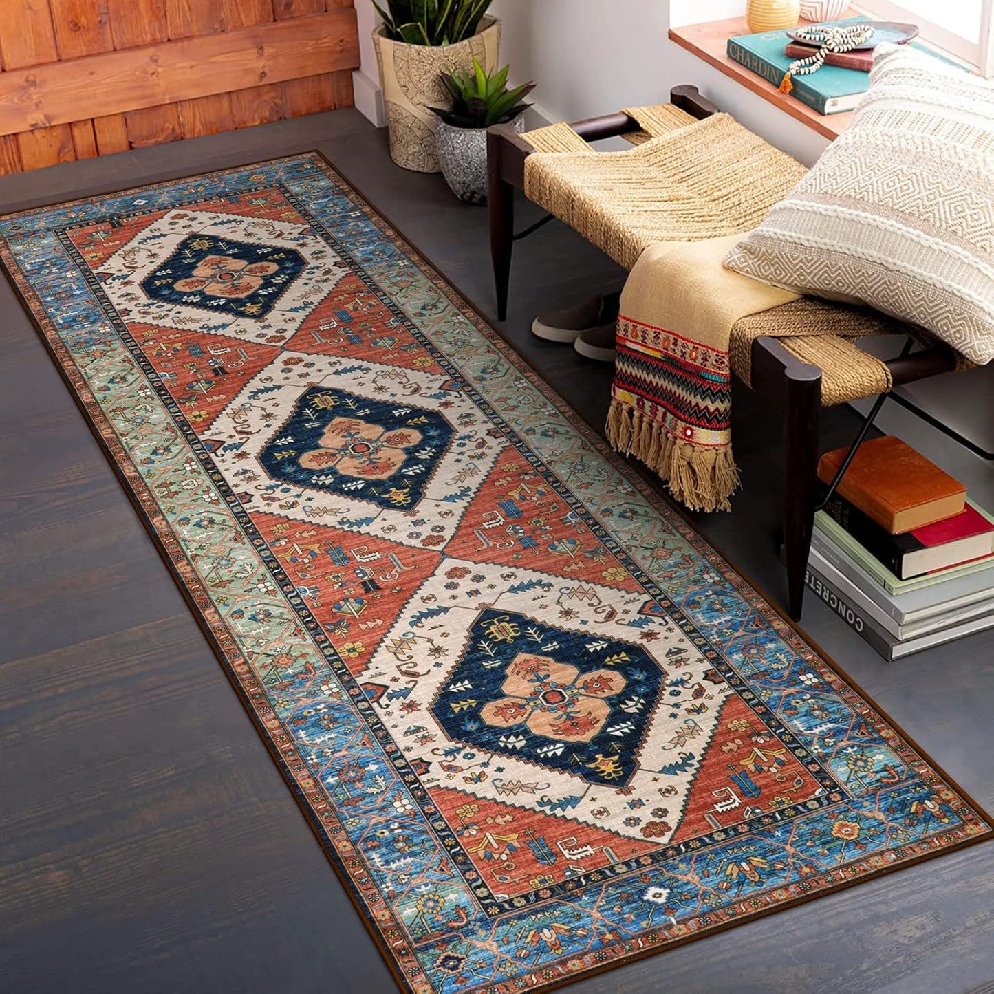 Lahome Boho Hallway Runner Rug - 2x6 Kitchen Runner Rugs Non Skid Washable Non-Slip Laundry Room Rug Throw Low-Plie Bathroom Oriental Distressed Carpet for Entrance Bedroom Living Room