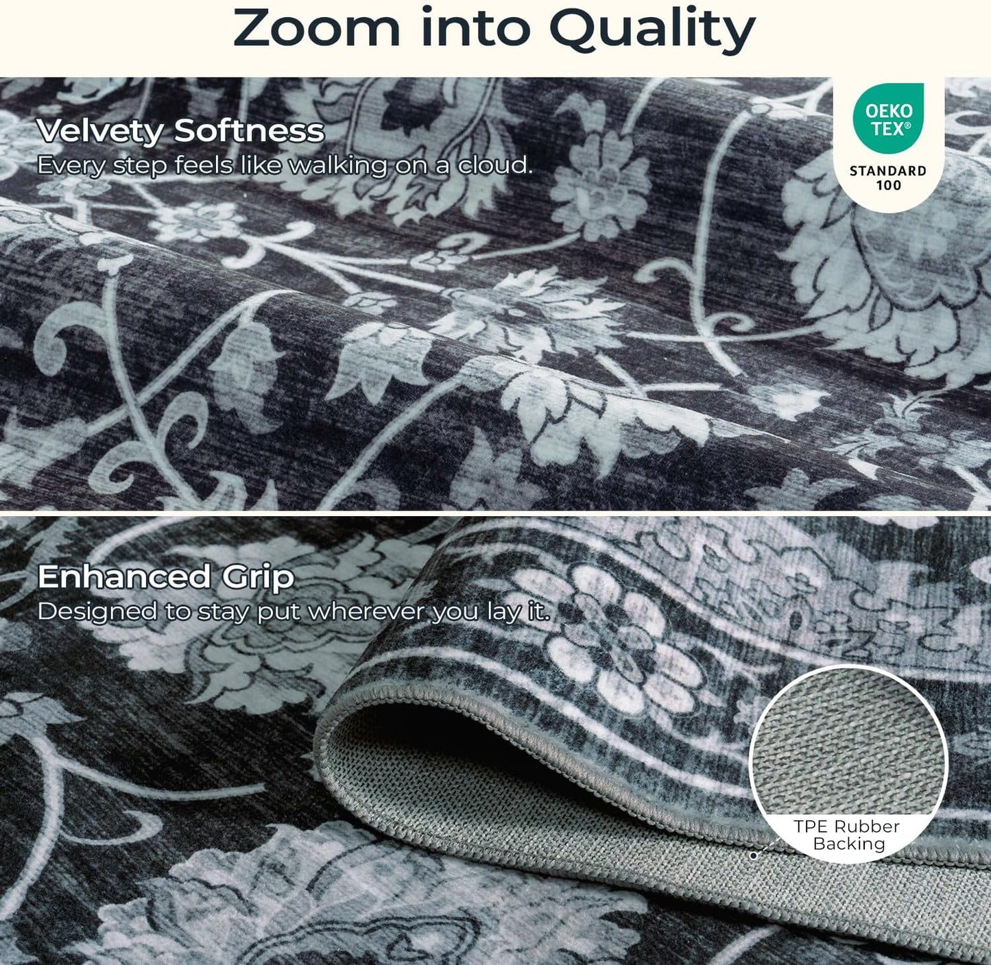 Black 8x10 Area Rugs for Living Room, Washable Large Bedroom Rug, Soft Non Slip Floral Carpet, Stain Resistant Low Pile Carpets for Indoor Under Table Dining Home Office Nursery, Black