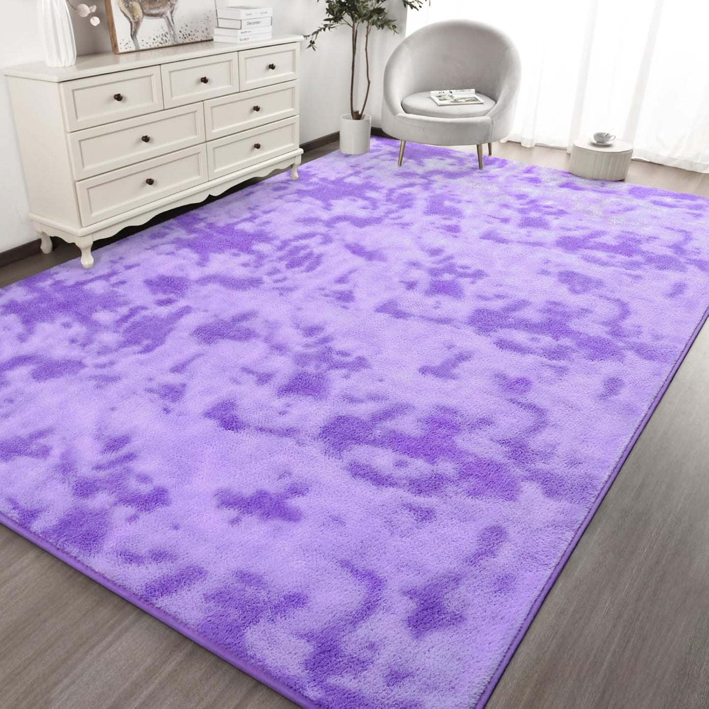 Kimicole 7x10 Washable Area Rugs for Living Room Bedroom, Large Low Pile Ulta-Thin Solid Color Rug, Non-Slip Soft Fluffy Carpet for Nursery Kids Room Dorm Room Home Decor (Purple)