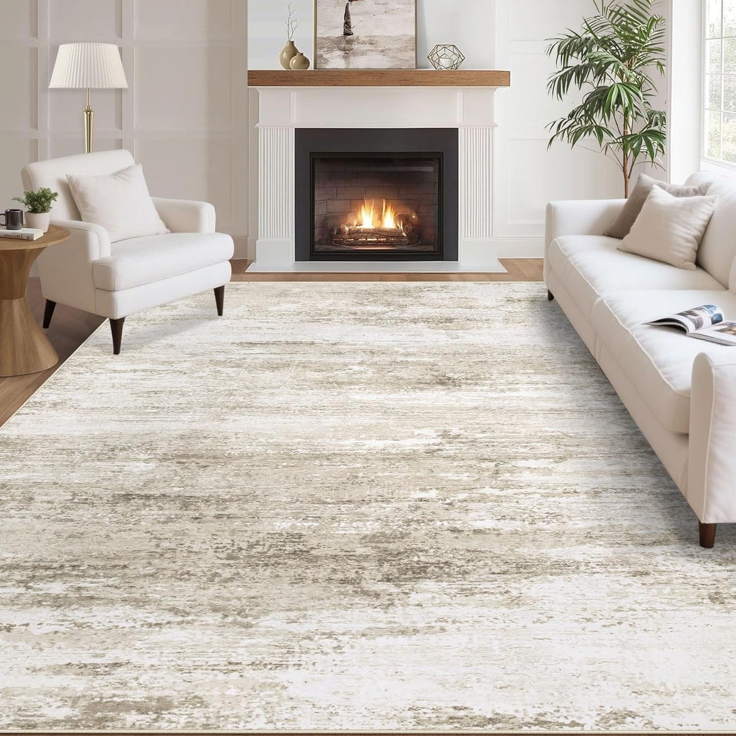 Washable Rug 6x9 Area Rugs for Living Room: Neutral Soft Rug Abstract Non Slip Low Pile Modern Carpet for Bedroom Kitchen Nursery Office Dining Room Indoor (Beige, 6'x9')