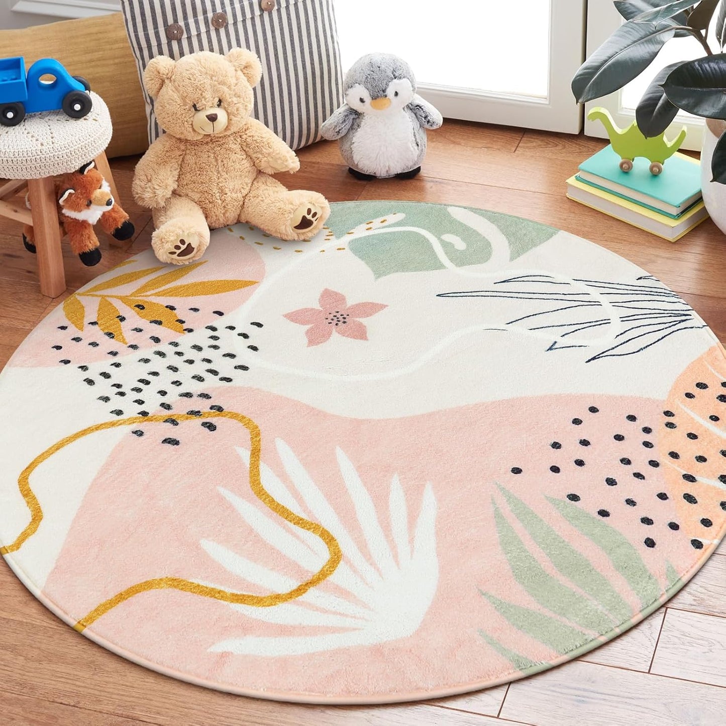 Lahome Pink Round Rug 7Ft - Washable Boho Area Rug for Living Room & Dining Room, 7'x7' Soft Non-Slip Ultra-Thin Botanical Print Carpet for Bedroom & Office