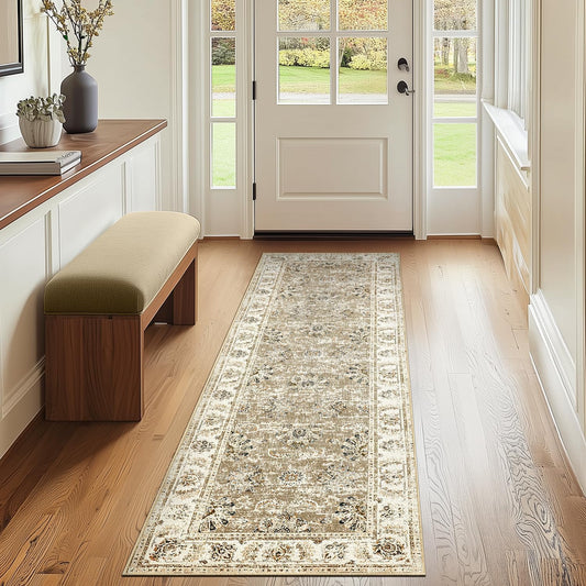jinchan Runner Rug 2x5 Machine Washable Hallway Rug Taupe Vintage Floral Print Non-Slip Low Pile Ultra-Thin for Kitchen,Entryway,Laundry Room,Bedroom,Farmhouse (2‘x5’,Taupe)