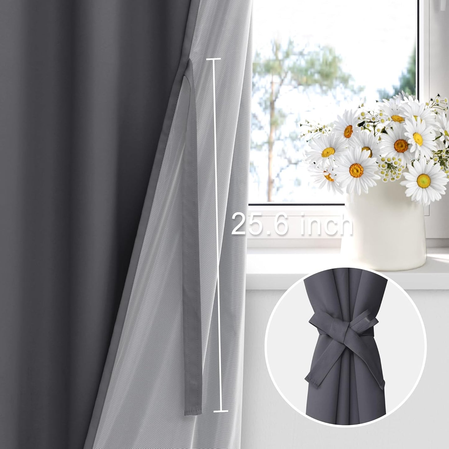 XWZO 100% Blackout Curtain Panels - Thermal Insulated Black Liner Rod Pocket Curtains, Noise Reducing & Heat Blocking Drapes for Hall and Studio Windows with Tiebacks, Dark Grey, W42 x L54, Set of 2