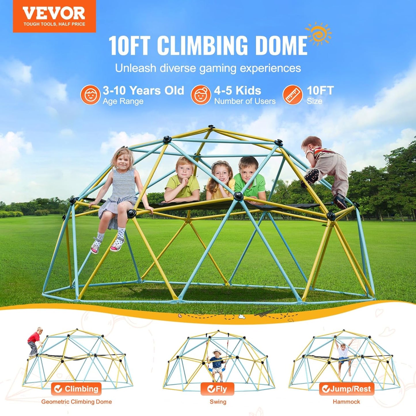 VEVOR Climbing Dome, 10FT Geometric Dome Climber with Hammock and Swing, Jungle Gym Supports 750LBS and Easy Assembly for Kids 3 to 10 Years Old, with Climbing Grip, Outdoor Backyard Play Equipment