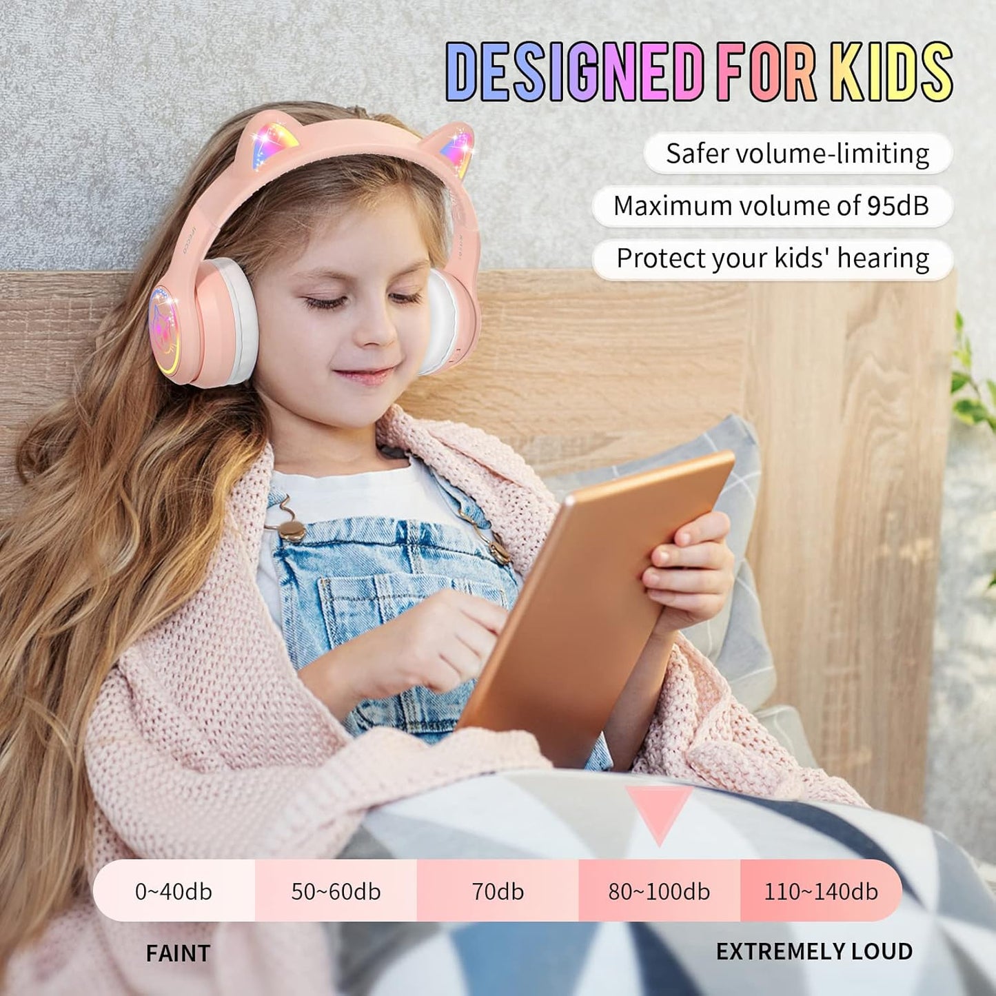 IFECCO Wireless Kids Headphones with Microphone,Foldable Cute Light Up Cat Ear Children Girls Bluetooth Headphones with Case for School Gifts Travel