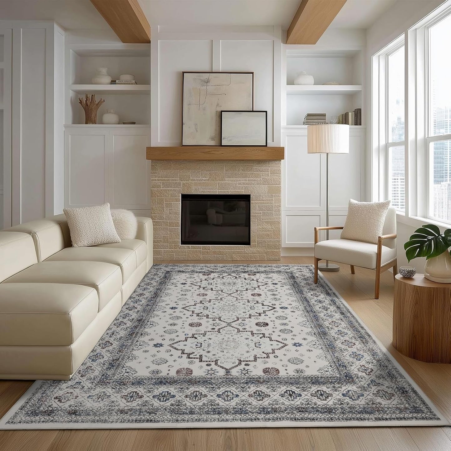 4x6 Washable Area Rug for Living Room, Carpet for Bedroom, Soft Faux Wool Retro Dining Room Rug, Non Slip&Non-Shedding Resistant Low Pile Vintage Print Rug for Home Office (White Cream/Gray)