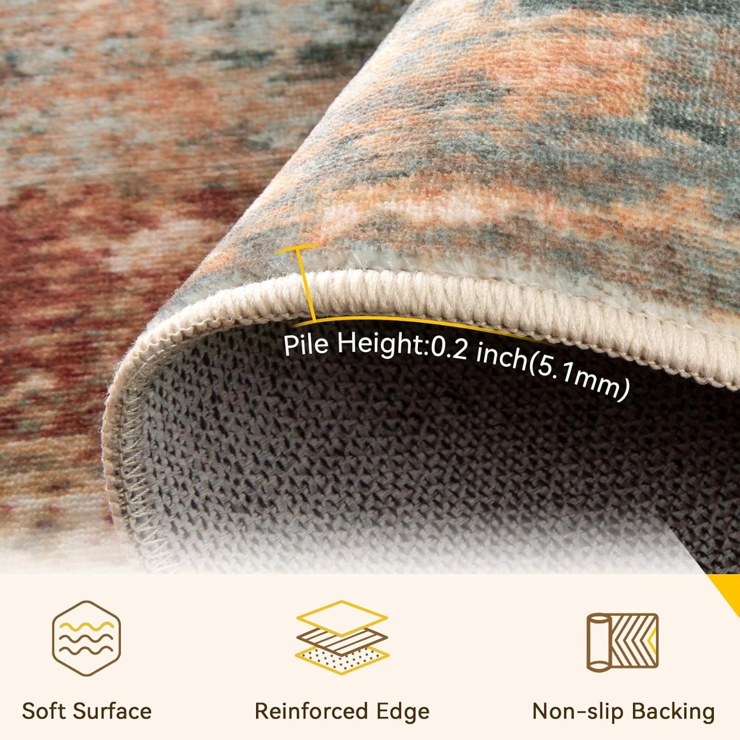 Washable Area Rugs 7'x9' Non-Slip Modern Abstract Soft for Living Room Entryway Bedroom Nursery, Print Pattern, Brown Rust Red Multi