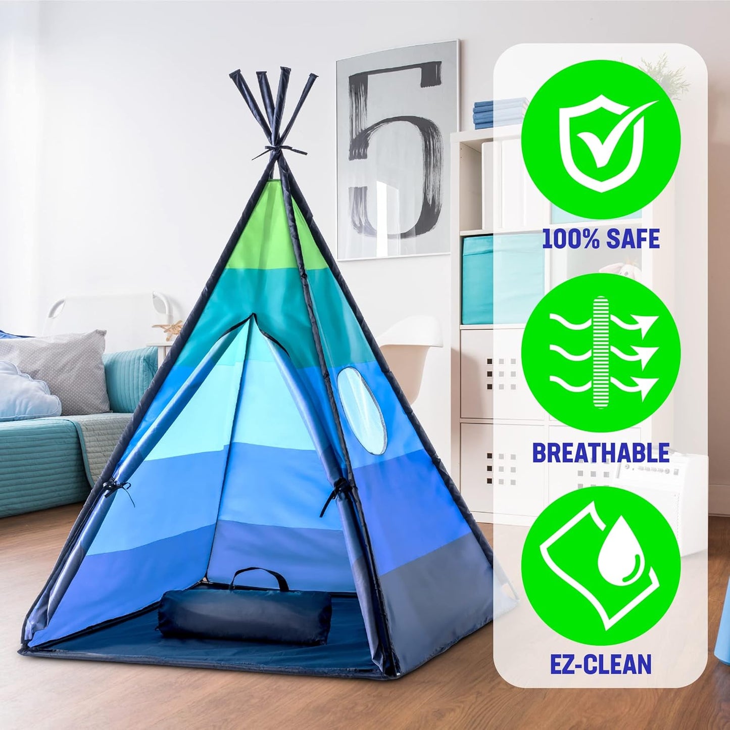 USA Toyz Happy Hut Teepee Tent for Kids - Indoor Pop Up Teepee Kids Playhouse Tents for Boys, Girls, Toddlers with Portable Storage Bag (Blue)