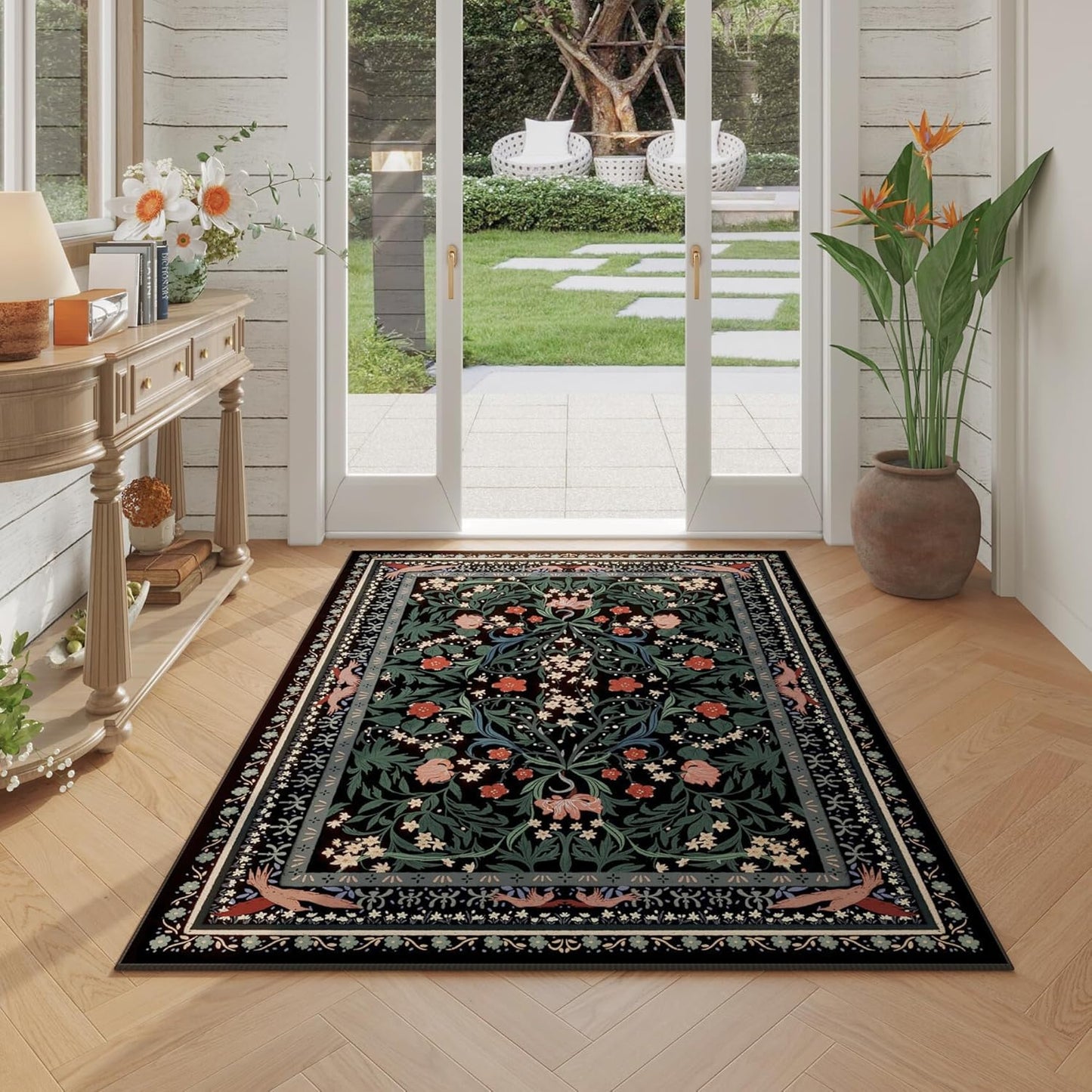 Area Rug 4x6 Rug Washable Vintage Floral Botanical Rugs Non Slip Low Pile Small Carpet for Bedroom, Bedside, Kids Room, Office, Dining Room, Black