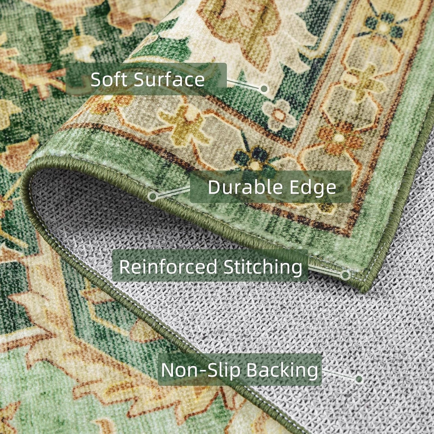 10x14 Rugs for Living Room Bedroom, Washable Green Area Rugs Non Slip Large Rug for Dining Room Office, Floor Decoration Vintage Boho Big Rug Carpet Low-Pile Kid & Pet Friendly