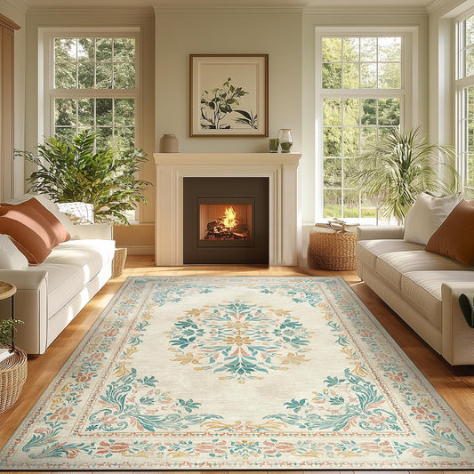 jinchan Vintage Floral 6x9 Area Rugs for Living Room - Machine Washable Distressed Design Soft Throw Rug Ultra-Thin Non-Slip Large Carpet for Bedroom Nursery Dining Room Home Office (6x9ft,Apricot)