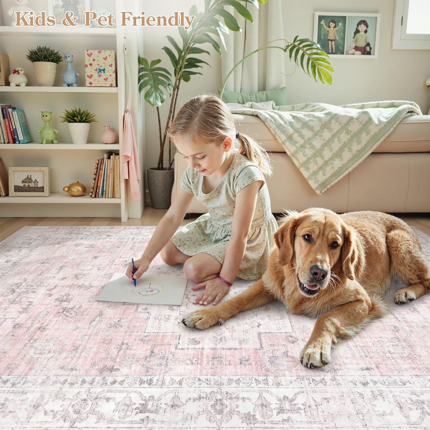LIVEBOX Pink 6x9 Area Rug for Bedroom Girls, Boho Washable Rugs for Living Room Nursery, Non-Slip Indoor Soft Carpet Low-Pile Farmhouse Carpets for Dining Room Kids Playroom, Pink