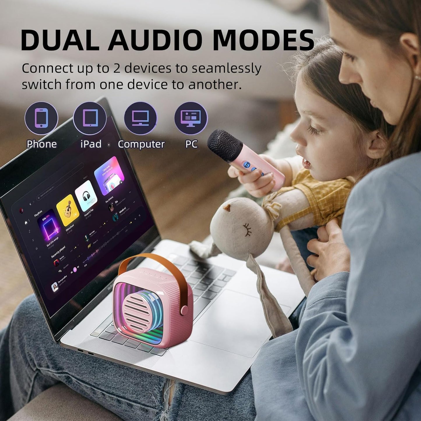 YF93 Kids Karaoke Machine with 7 Voice Effects, Bluetooth & Colorful LED Lights – Portable Singing Toy with Pro, Monster, KTV Modes for Home Parties（Pink）