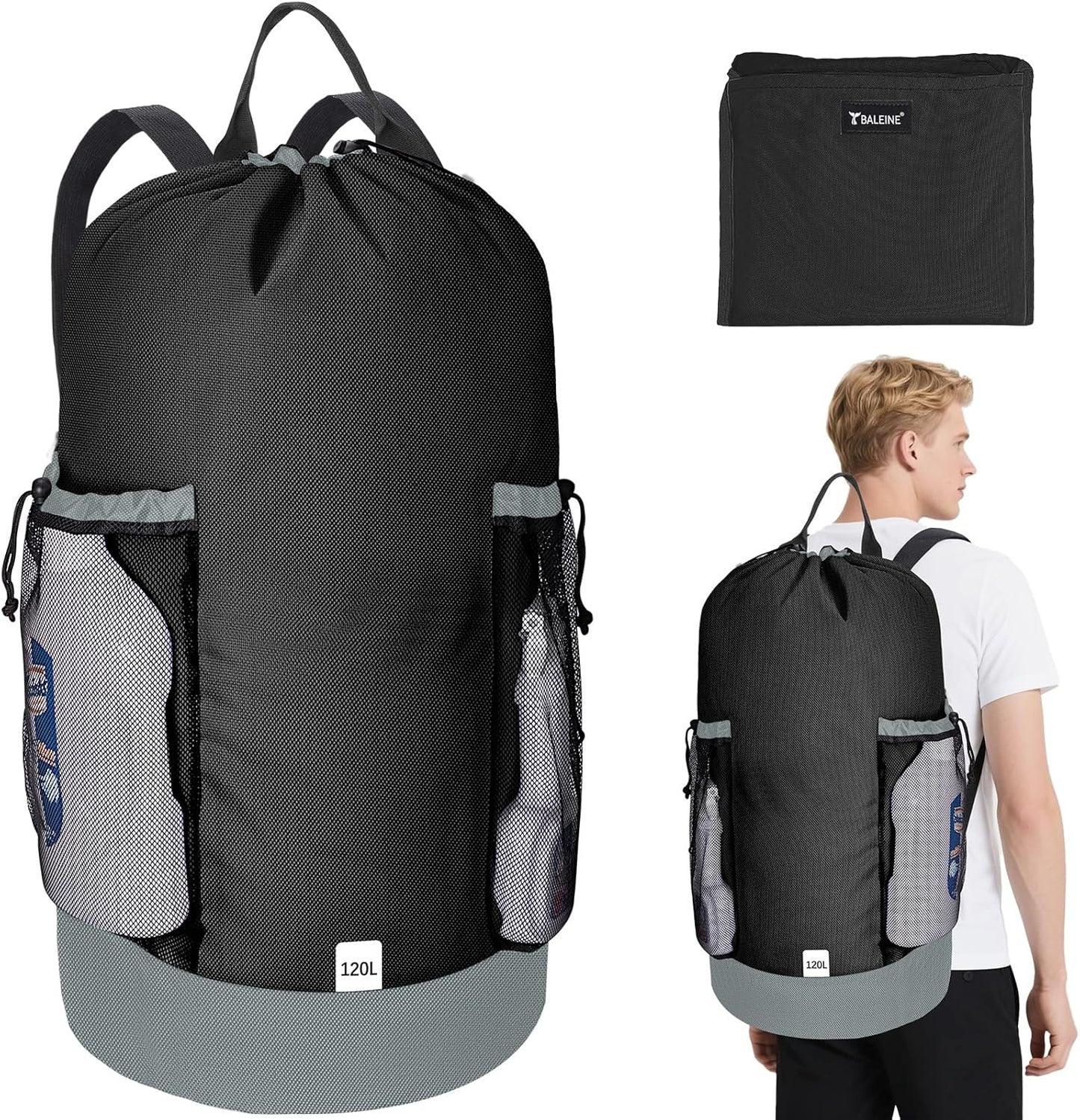 BALEINE 120L Laundry Bag Backpack, 900D Oxford Fabric Large Travel Laundry Bags with Shoulder Straps and 2 Mesh Pockets for College Dorm, Apartment, Laundromat (Black, 120L)