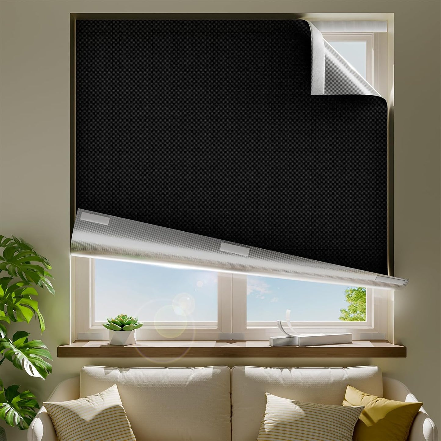 32" W x 60" L 100% Portable Blackout Curtains, Total Darkness No-Drill Black Out Window Cover,Temporary Blackout Shades with Hook & Loop Tape, for Bedroom, Nursery, Dorm, Travel (Black)