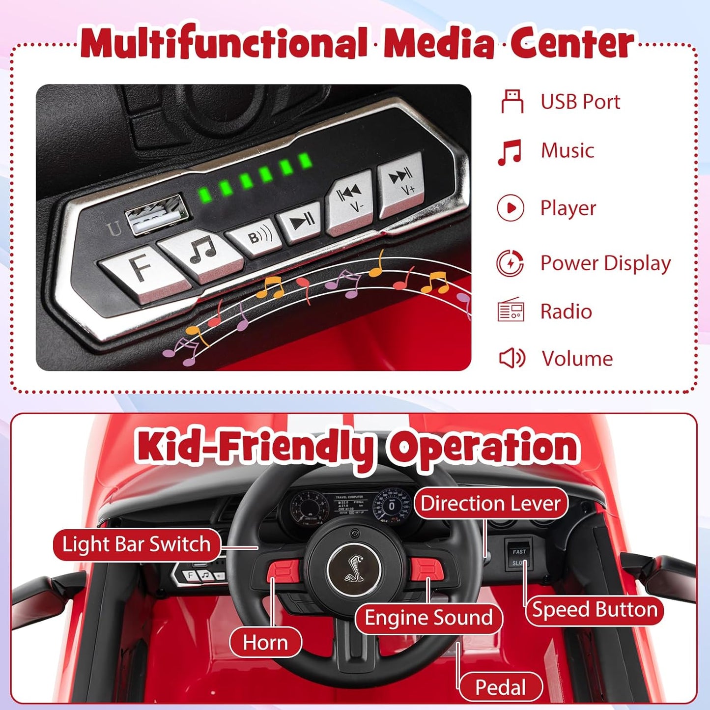 Costzon Ride on Car, 12V Licensed Ford Mustang Shelby GT500 Kids' Electric Vehicles w/Remote Control, USB Port, Radio, Music, Player, High Low Speed & Soft Start, Racing Kids Car for Toddlers (Red)