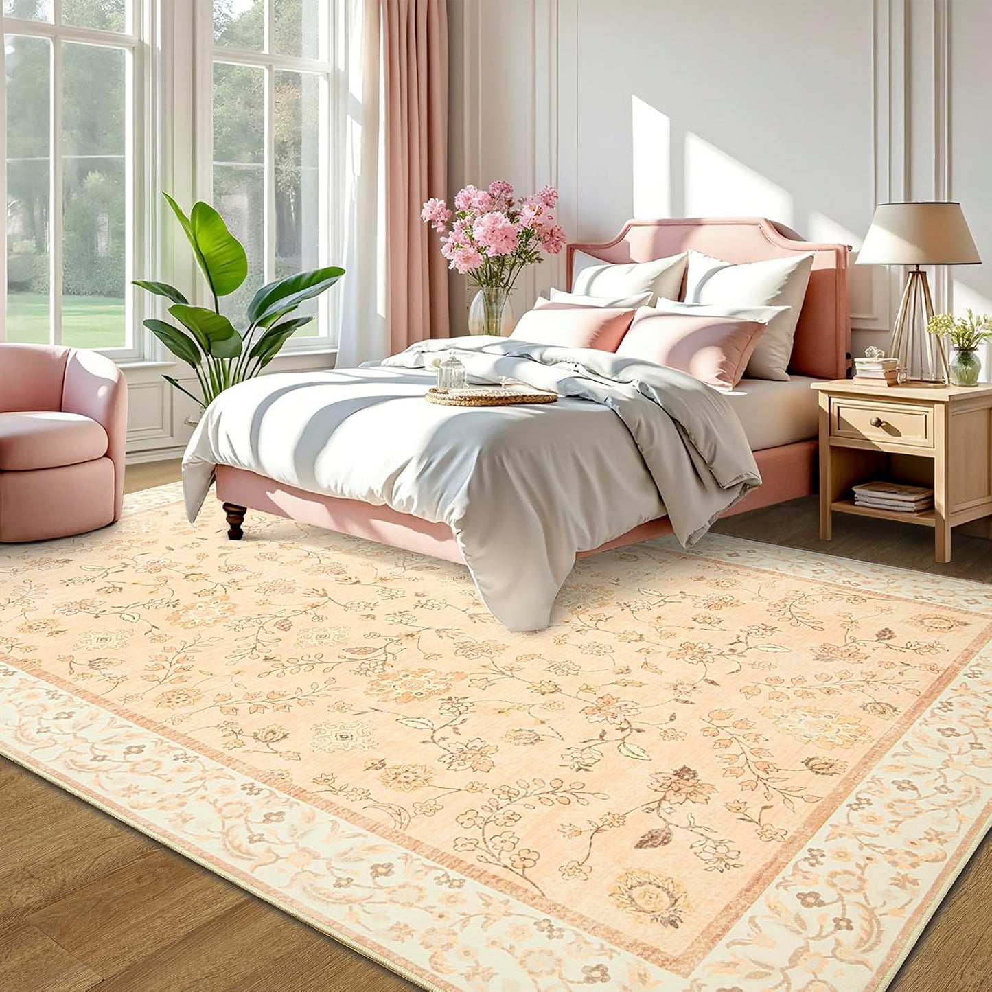 LOCHAS Washable Area Rugs 8x10, Peach Floral Rug for Living Room Bedroom Non Slip, Ultra Soft Vintage Indoor Carpet for Kids, Nursery, Dorm, Dining Room, Classroom, Boho Flower Home Decor, Low-Pile