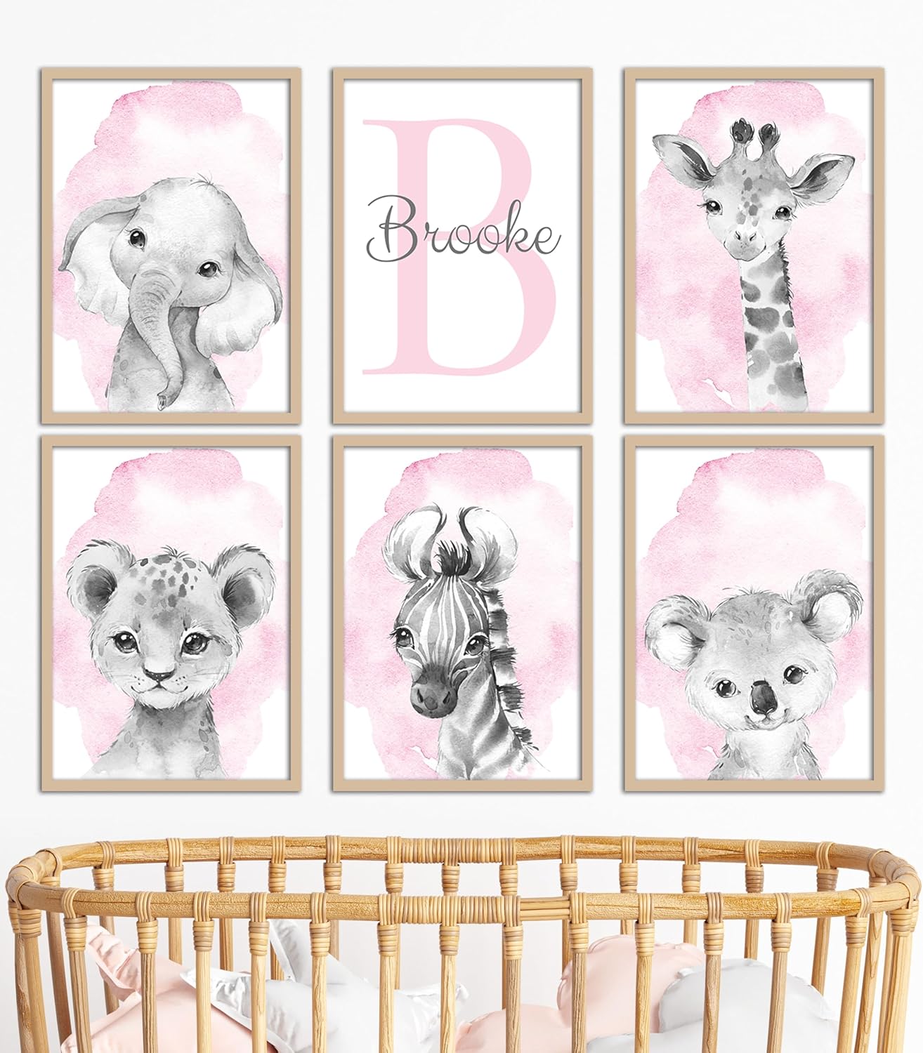 Safari Animals Set of 6 Unframed Poster Prints for Baby Girls Nursery Bedroom Playroom, Personalized Name, Choice of 12 Animals, Pink Purple (8x10)