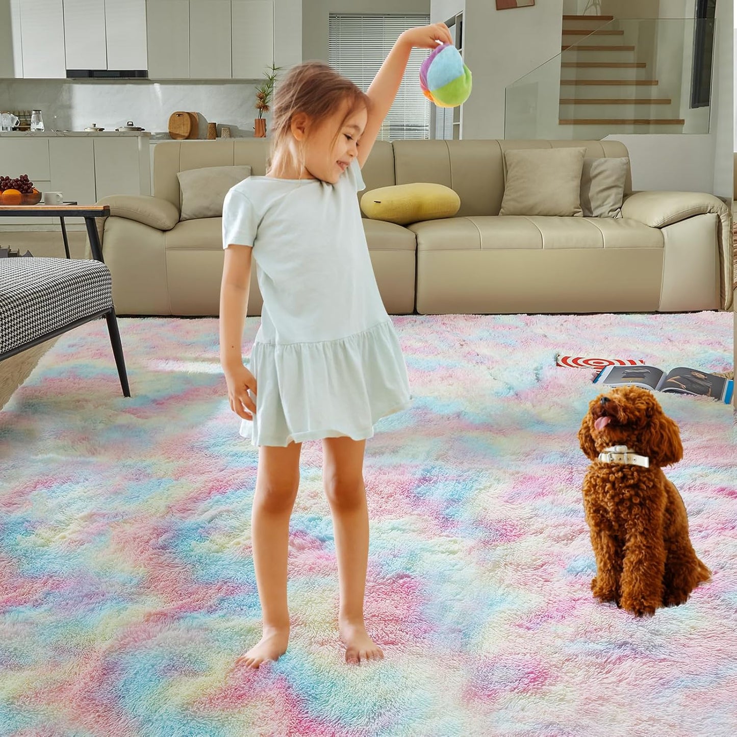 Ultra Soft Rug for Living Room, 8X10 Fluffy Shag Area Rug for Bedroom, Modern Shaggy Carpets Fuzzy Rug for Teens Dorm Nursery Home Decor Aesthetic, Upgrade Anti-Skid Durable, Rainbow