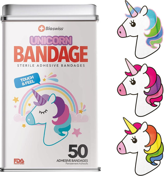 BioSwiss Bandages, Unicorn Shaped Self Adhesive Bandage, Latex Free Sterile Wound Care, Fun First Aid Kit Supplies for Kids, 50 Count