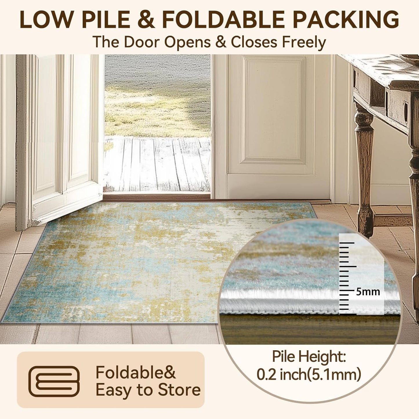 Washable Area Rugs 8'x10' Non-Slip Modern Abstract Soft for Living Room Entryway Bedroom Nursery, Print Pattern, Teal Blue Taupe