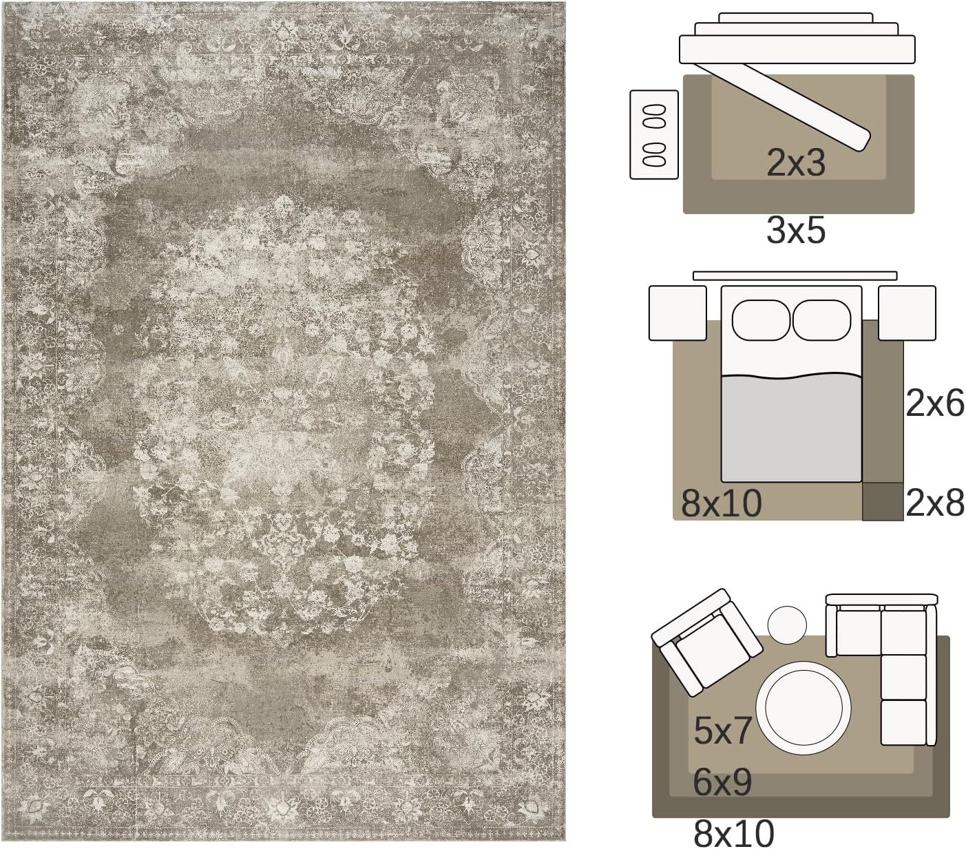 jinchan Vintage Floral 4x6 Area Rugs - Machine Washable Distressed Design Soft Ultra-Thin Low-Pile Non-Slip Carpet for Entryway Kitchen Bedroom Nursery Living Room Dining Room (4x6ft,Brown)