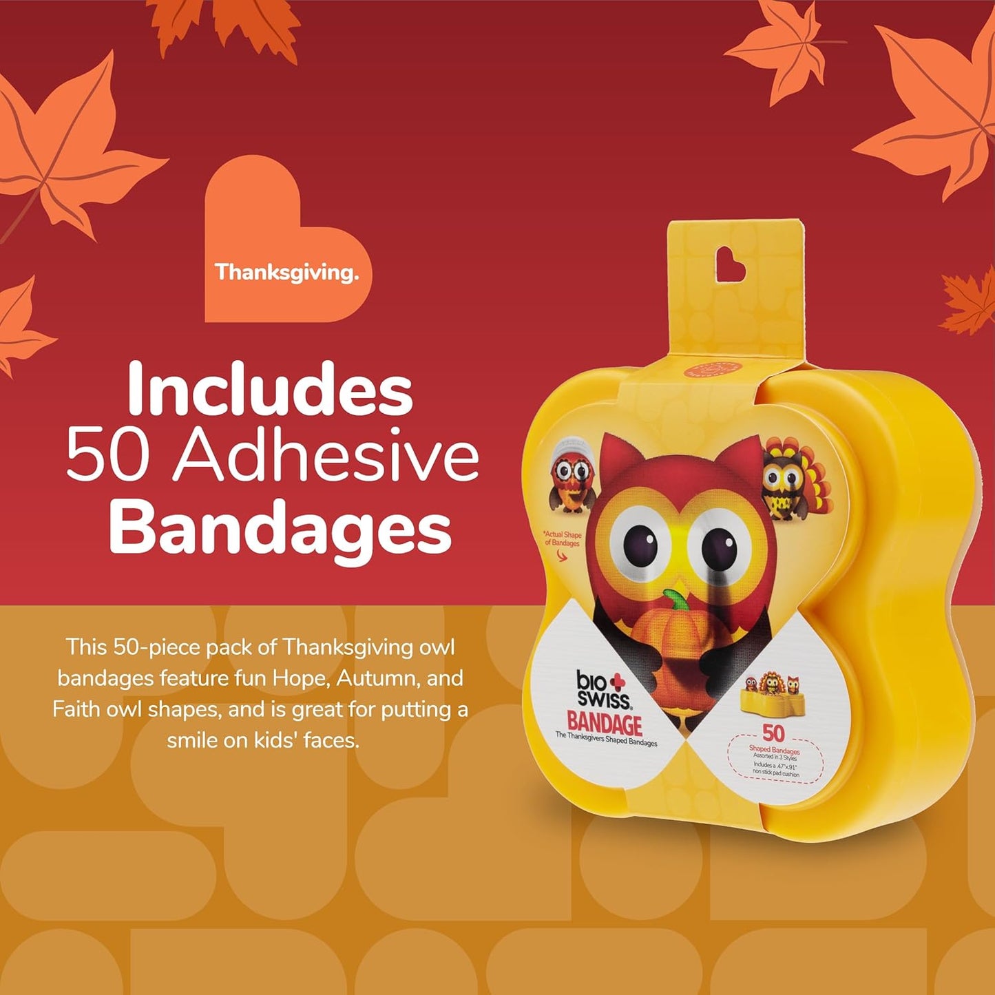 BioSwiss Bandages, Thanksgiving Shaped Self Adhesive Bandage, Latex Free Sterile Wound Care, Fun First Aid Kit Supplies for Kids and Adults, 50 Count