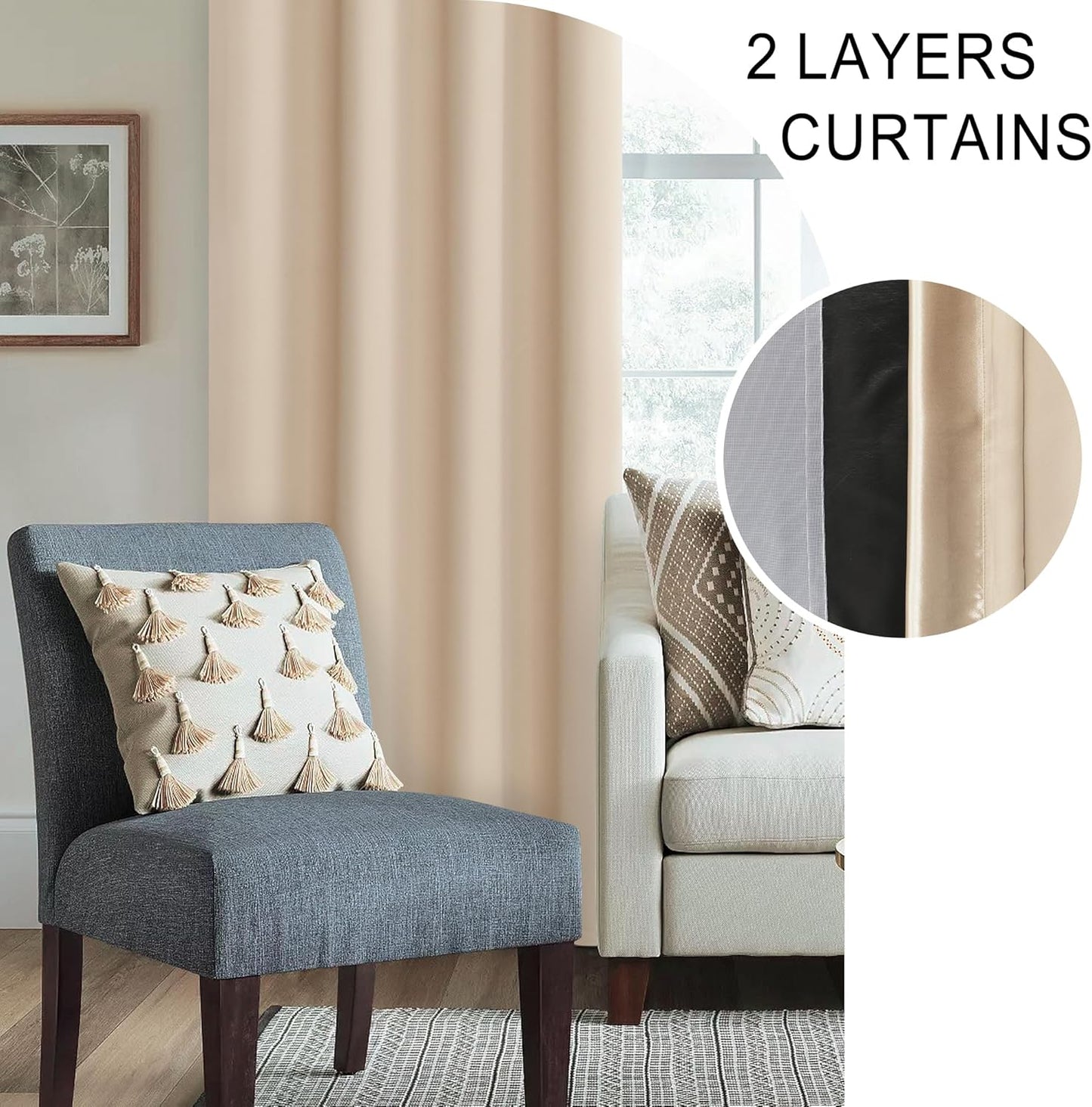 XWZO 100% Blackout Window Curtains with Tiebacks- Privacy Protection & Noise Blocking Window Draperies Rod Pocket with Black Liner for Bedroom/Living Room, Biscotti Beige, W52 x L72, Set of 2 Panels