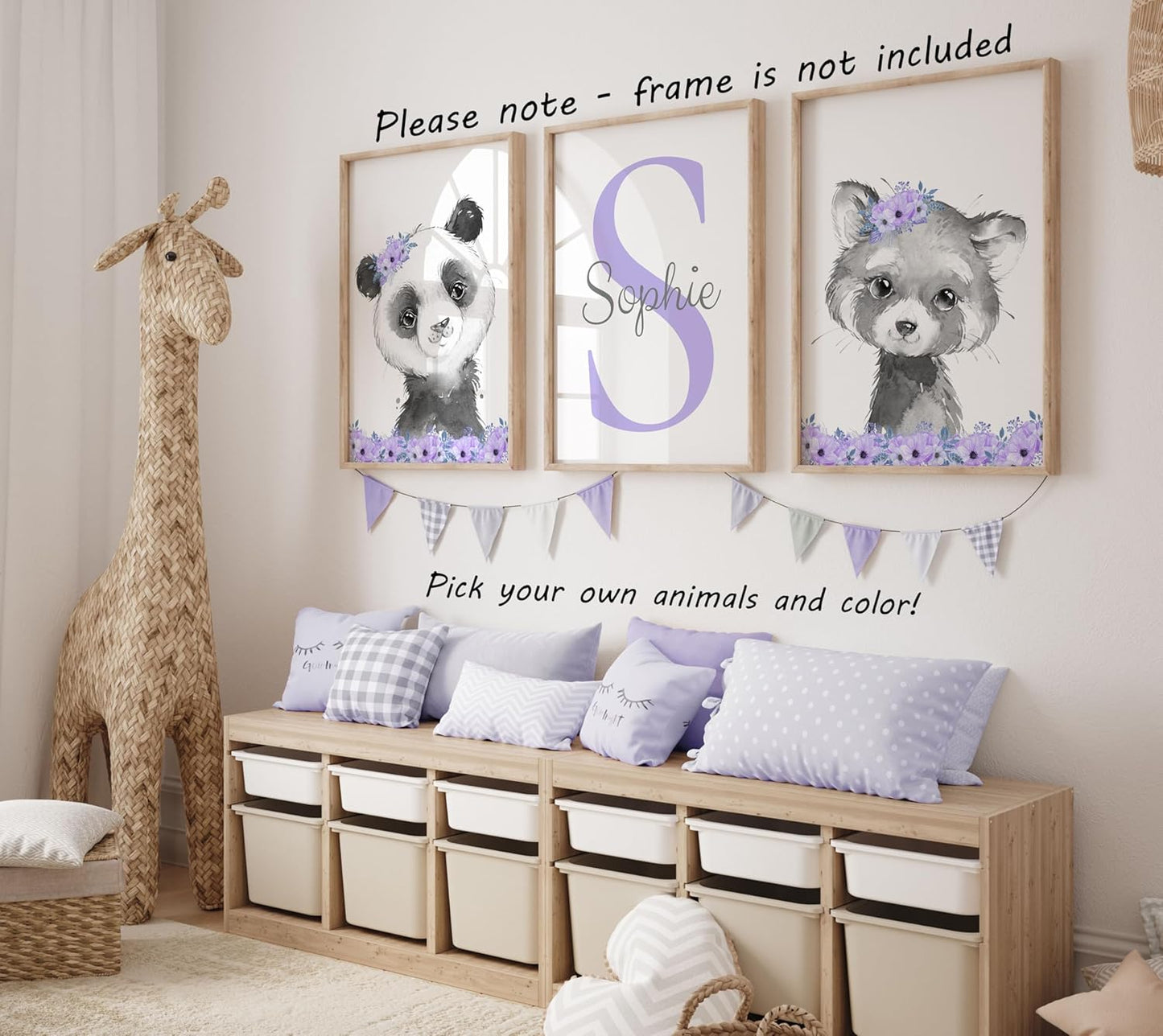 Safari Animals Girls Nursery Bedroom Unframed Set of 3 Poster Prints, Personalized Name Pink or Purple Flowers Wall Art Decor New Baby Gift Present, Elephant Giraffe Panda Zebra Lion (8x10)
