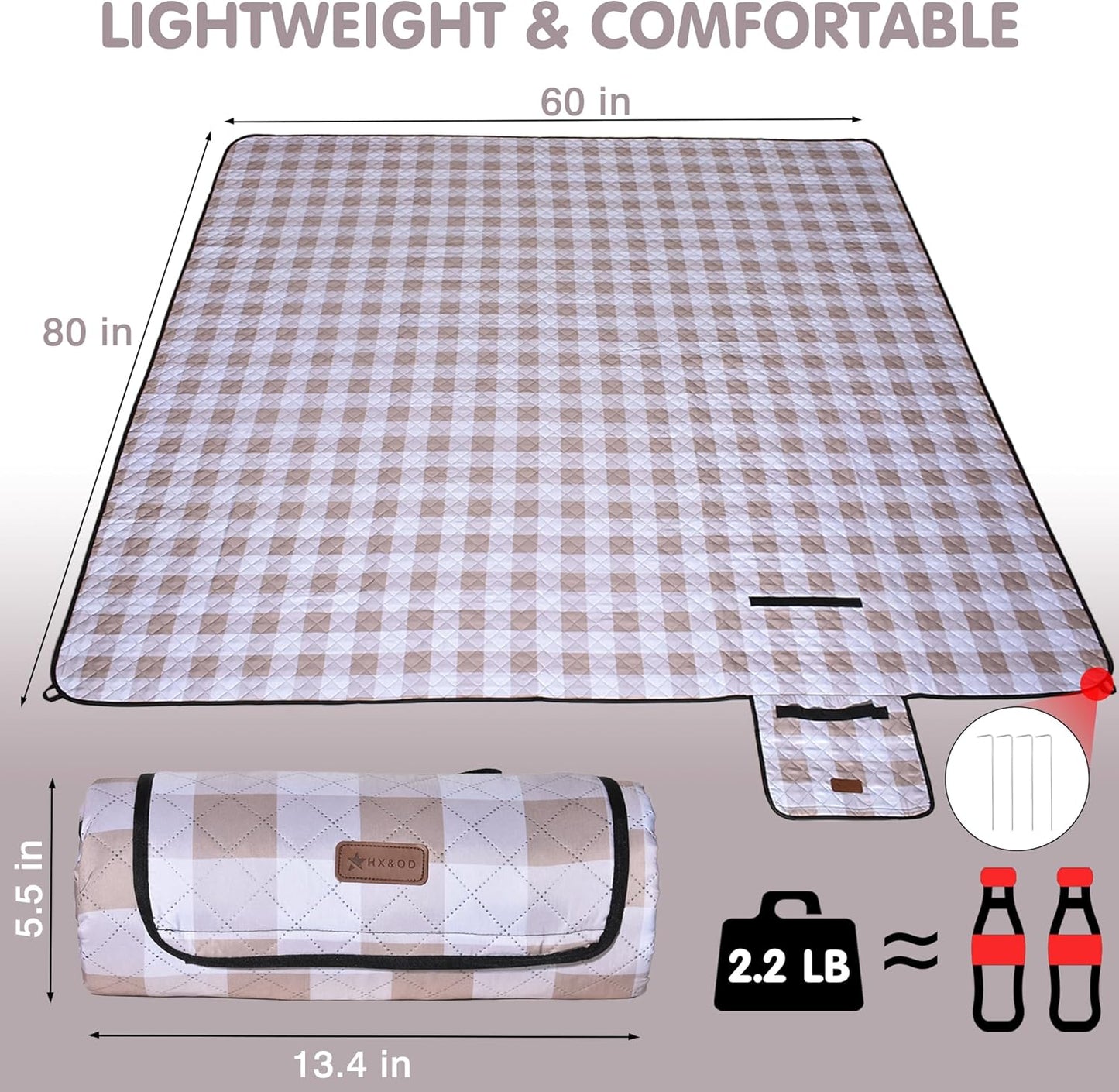 HX&OD Outdoor Picnic Blanket, Extra Large, 80''x60'' Waterproof Foldable Blankets Gingham Picnic Mat for Beach, Camping Grass Lawn Park Accessories Cute Couple Ideas Wedding (Light Brown, 80”x60”)