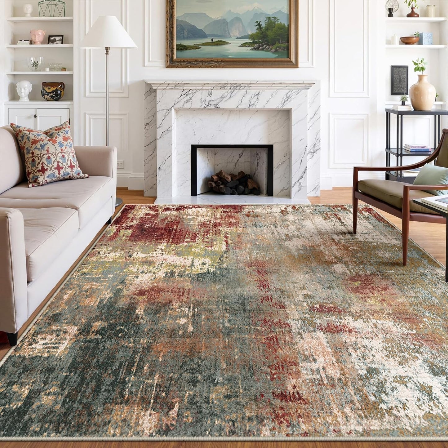 Washable Area Rugs 7'x9' Non-Slip Modern Abstract Soft for Living Room Entryway Bedroom Nursery, Print Pattern, Brown Rust Red Multi